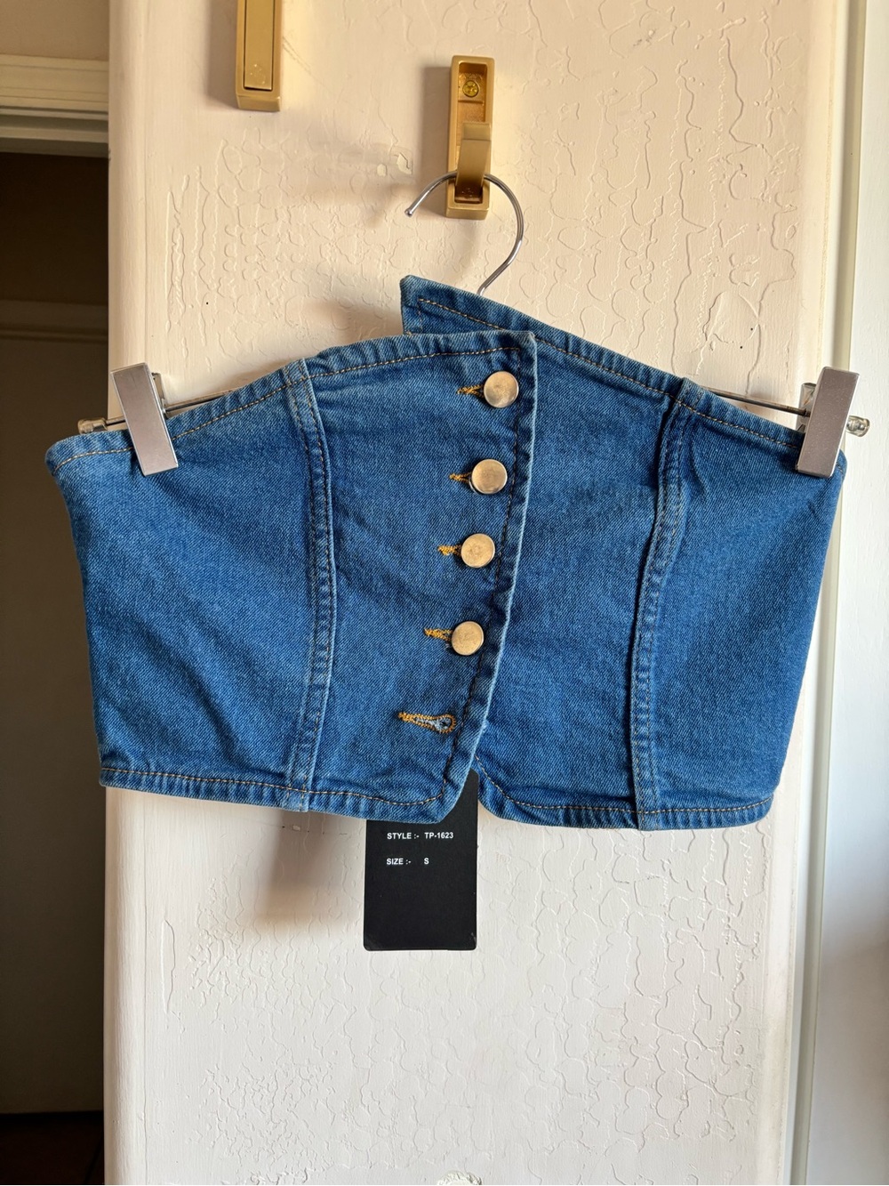 NWT La Armario Denim Button-Front Strapless Corset Top, Size S,missing a button